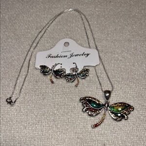 Green, Gold, and Silver Dragonfly Necklace and Earrings